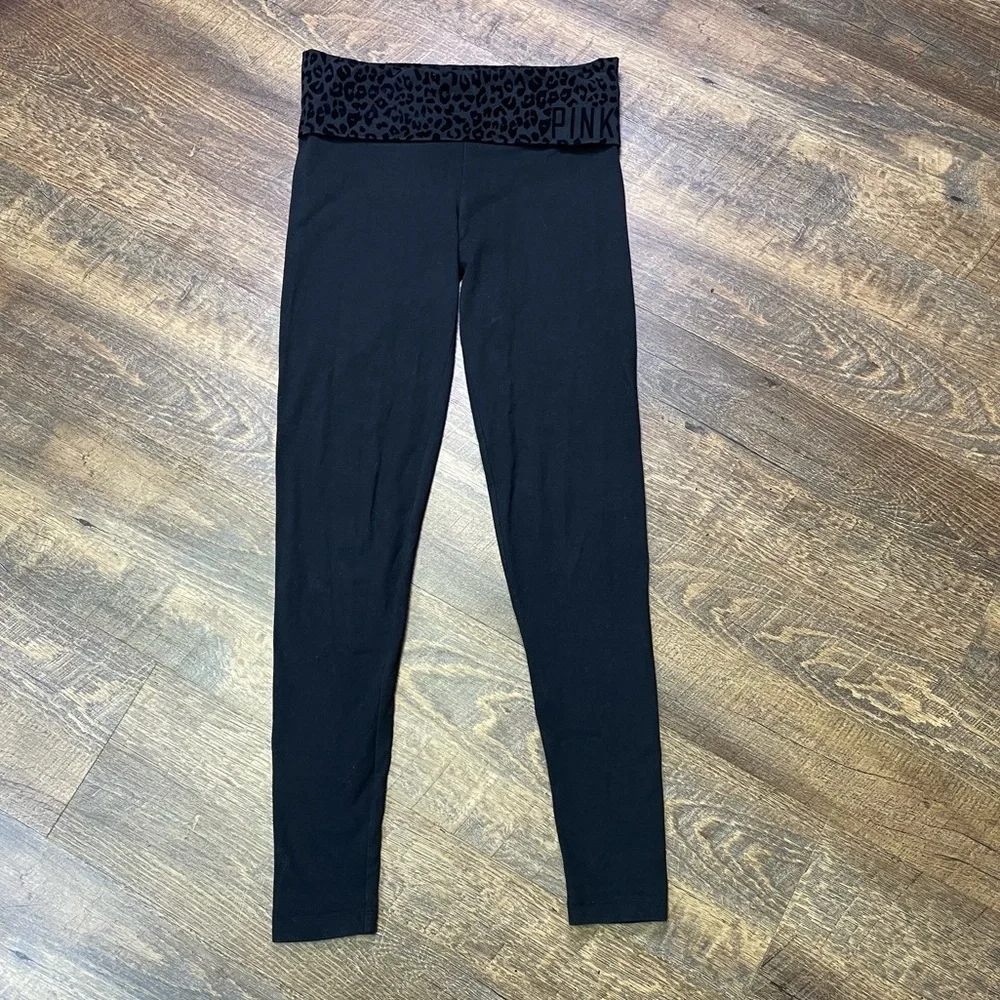 Victoria’s Secret PINK Womens XS Low Rise Black Cheetah Foldover Leggings Skinny - Picture 2 of 11